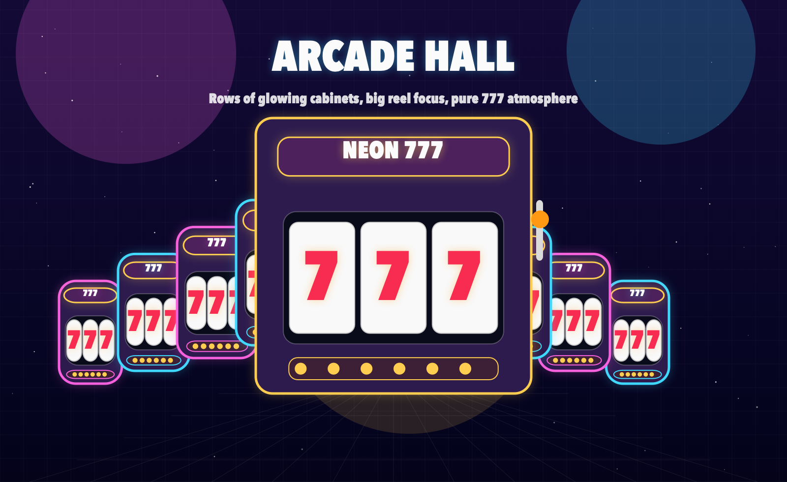 Neon arcade hall filled with glowing 777 slot machines