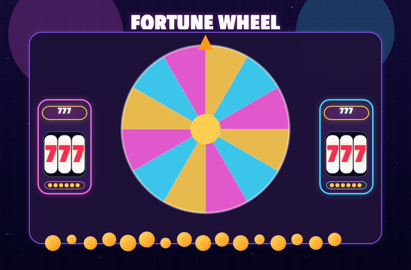 Fortune Wheel bonus room with 777 slot machines and casino lights