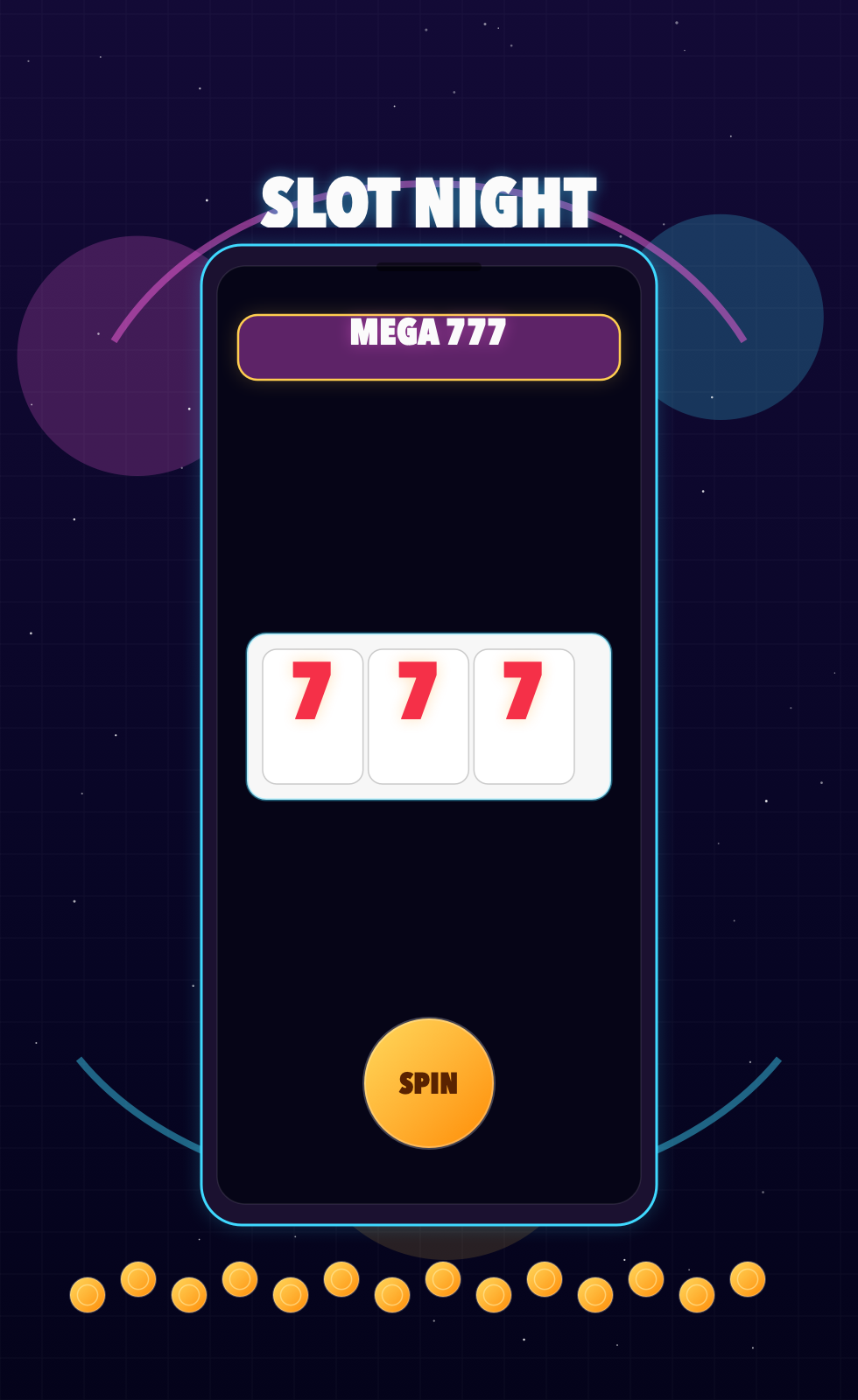 Mobile phone display showing a 777 slot interface with spin button